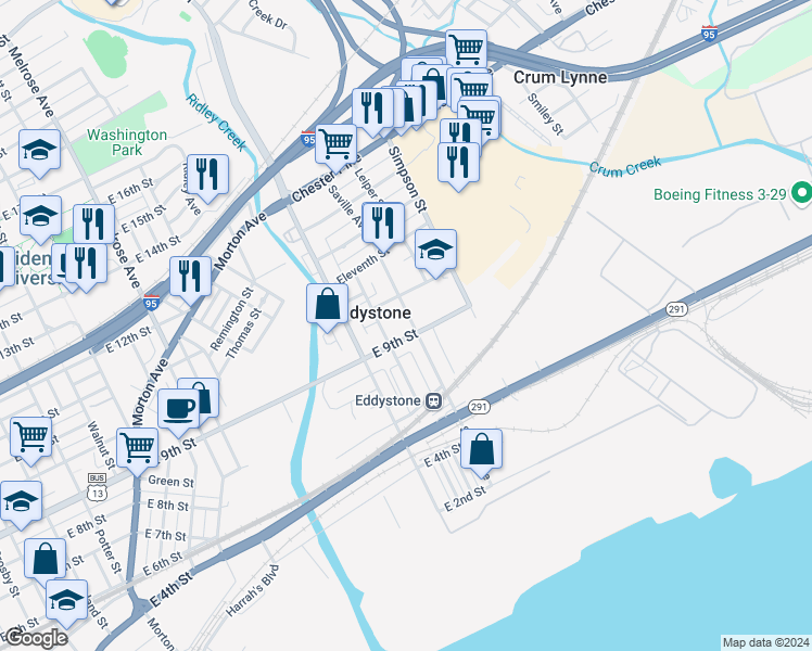 map of restaurants, bars, coffee shops, grocery stores, and more near 906 Saville Avenue in Eddystone