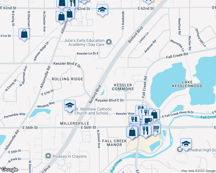 map of restaurants, bars, coffee shops, grocery stores, and more near 5761 Spruce Knoll Court in Indianapolis