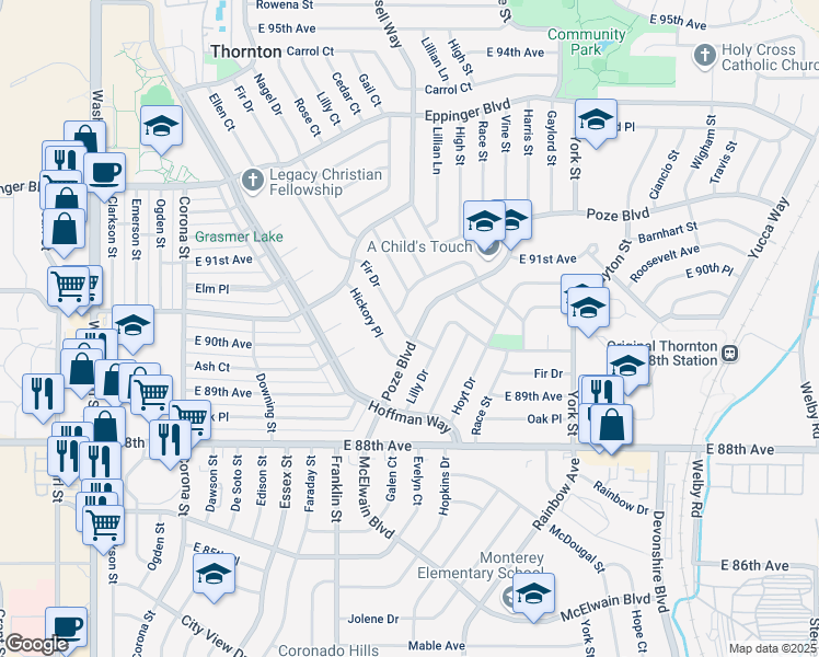 map of restaurants, bars, coffee shops, grocery stores, and more near 8971 Poze Boulevard in Thornton