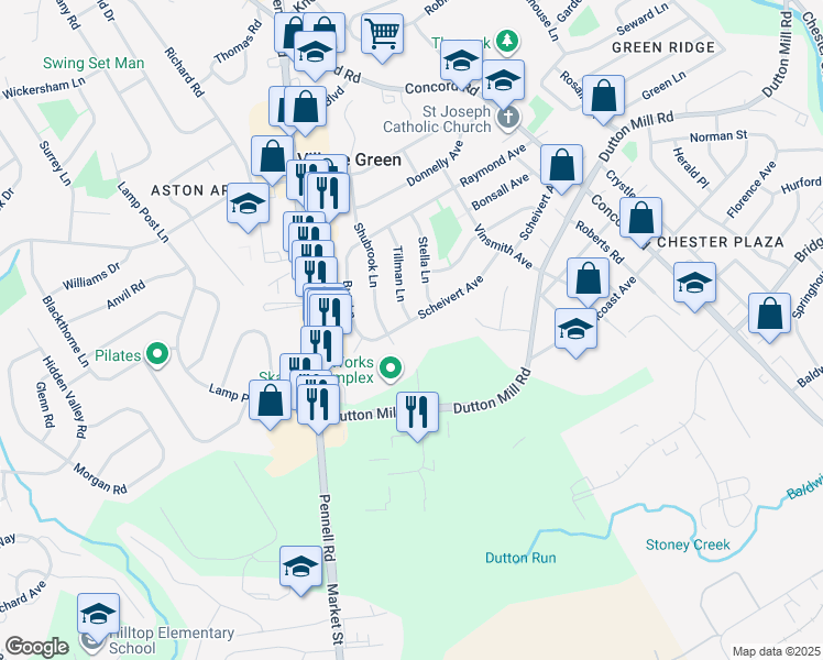 map of restaurants, bars, coffee shops, grocery stores, and more near 308 Scheivert Avenue in Aston
