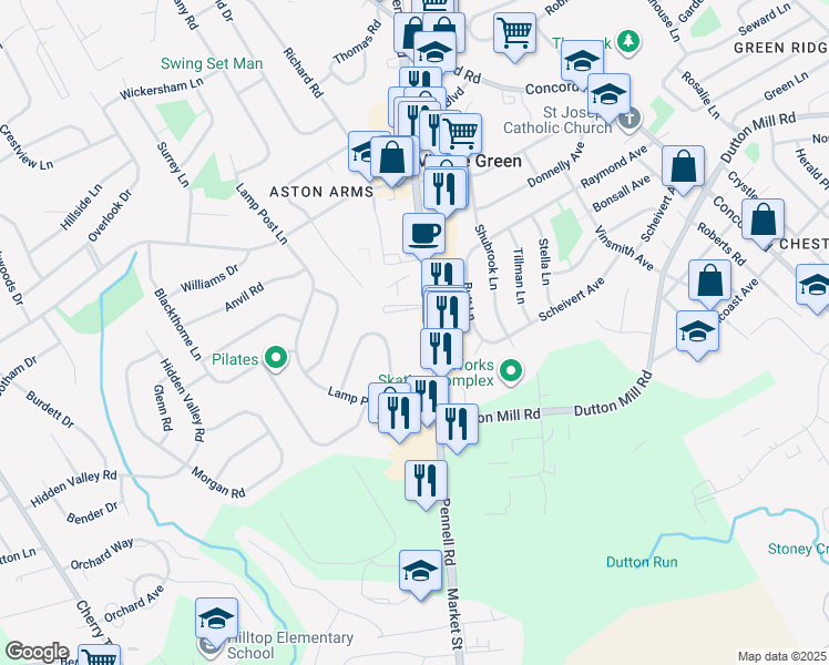 map of restaurants, bars, coffee shops, grocery stores, and more near 4704 Pennell Road in Aston
