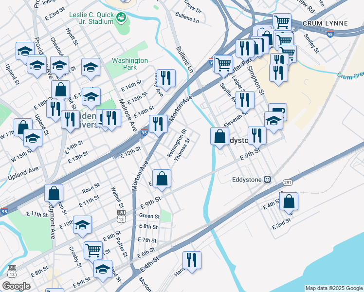 map of restaurants, bars, coffee shops, grocery stores, and more near 1124 Thomas Street in Chester