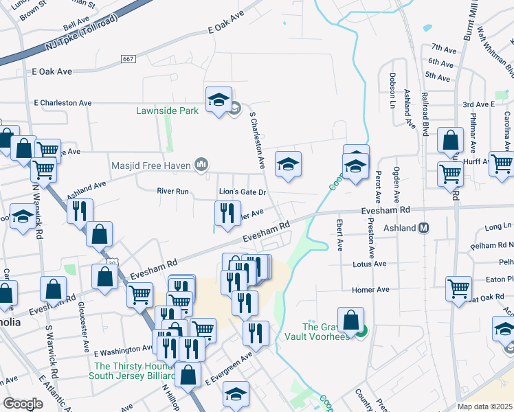 map of restaurants, bars, coffee shops, grocery stores, and more near 325 Sadler Ave in Lawnside