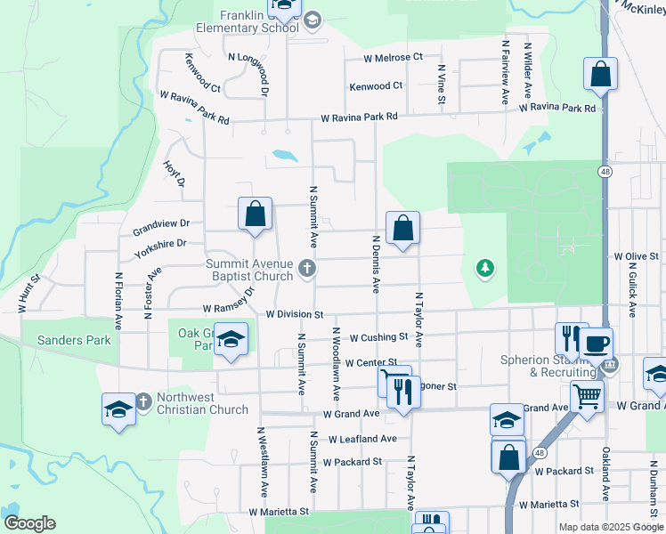 map of restaurants, bars, coffee shops, grocery stores, and more near 1725 West Olive Street in Decatur