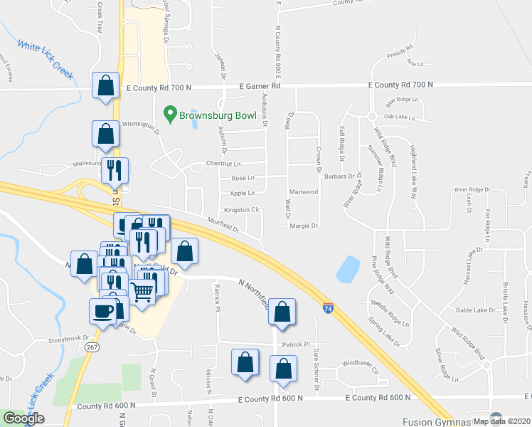 map of restaurants, bars, coffee shops, grocery stores, and more near 756 Kingston Circle in Brownsburg