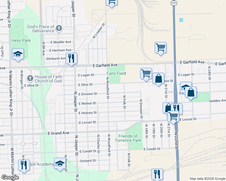 map of restaurants, bars, coffee shops, grocery stores, and more near 1500-1698 East Division Street in Decatur