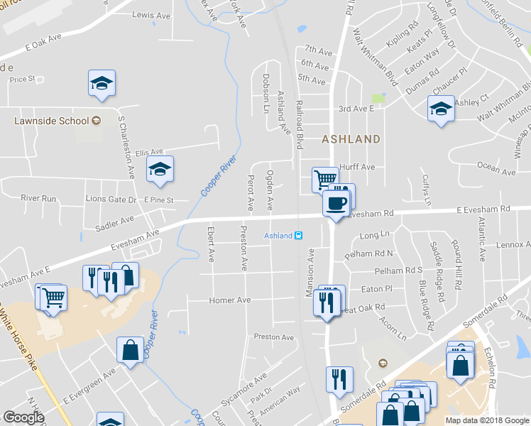 map of restaurants, bars, coffee shops, grocery stores, and more near 2 Ashland Avenue in Cherry Hill
