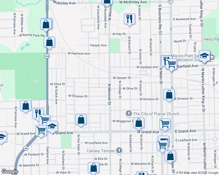 map of restaurants, bars, coffee shops, grocery stores, and more near 601 West Olive Street in Decatur