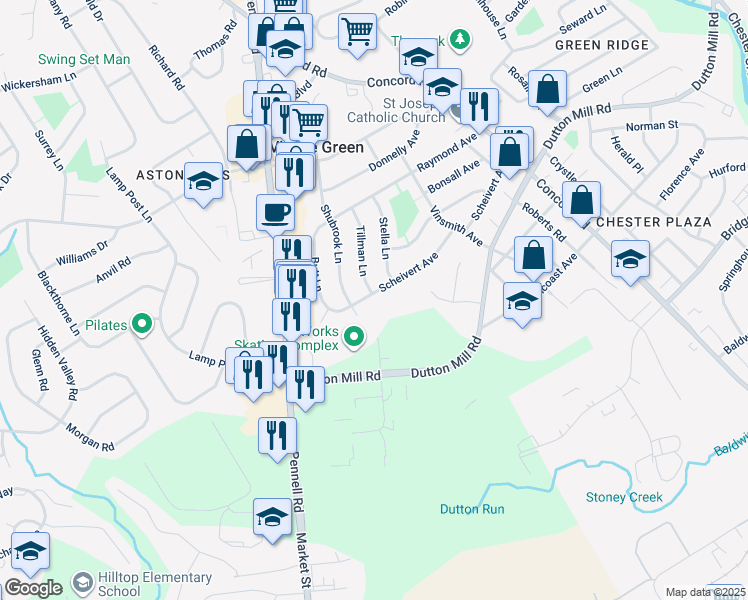 map of restaurants, bars, coffee shops, grocery stores, and more near 308 Scheivert Avenue in Aston