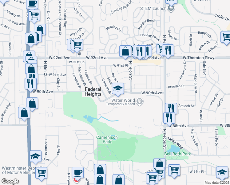 map of restaurants, bars, coffee shops, grocery stores, and more near 2235 West 90th Avenue in Federal Heights
