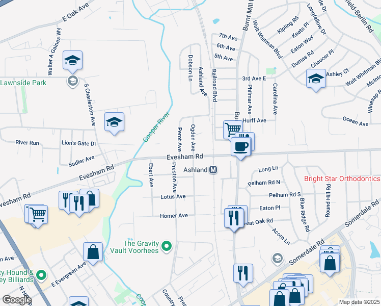 map of restaurants, bars, coffee shops, grocery stores, and more near 2 Ashland Avenue in Cherry Hill