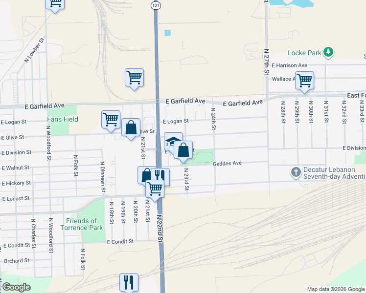 map of restaurants, bars, coffee shops, grocery stores, and more near 2201-2299 East Division Street in Decatur