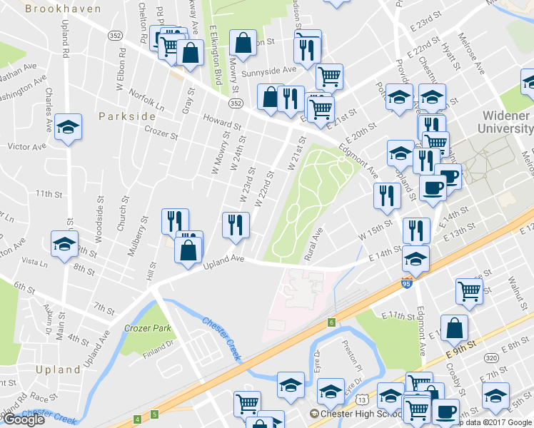map of restaurants, bars, coffee shops, grocery stores, and more near 326 West 21st Street in Chester