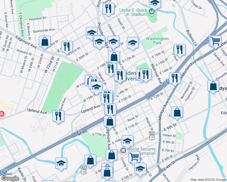 map of restaurants, bars, coffee shops, grocery stores, and more near 1470 Providence Avenue in Chester