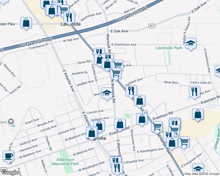 map of restaurants, bars, coffee shops, grocery stores, and more near 107 Brooke Avenue in Magnolia