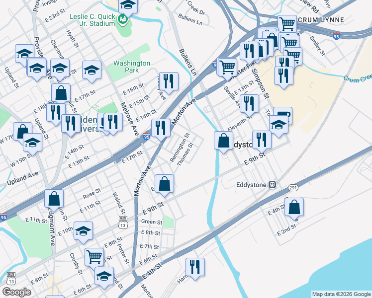 map of restaurants, bars, coffee shops, grocery stores, and more near 1108 Thomas Street in Chester