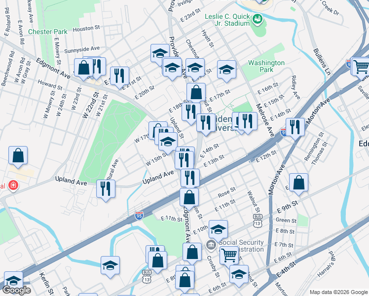 map of restaurants, bars, coffee shops, grocery stores, and more near 17 East 15th Street in Chester