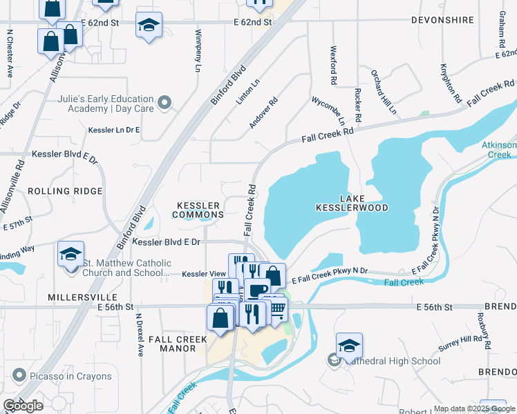 map of restaurants, bars, coffee shops, grocery stores, and more near 5653 Kessler Boulevard East Drive in Indianapolis