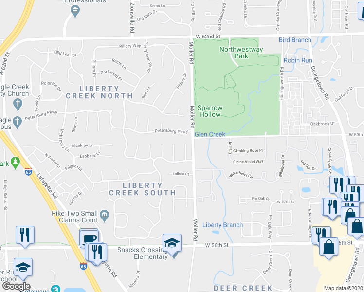 map of restaurants, bars, coffee shops, grocery stores, and more near 5839 Assembly Lane in Indianapolis
