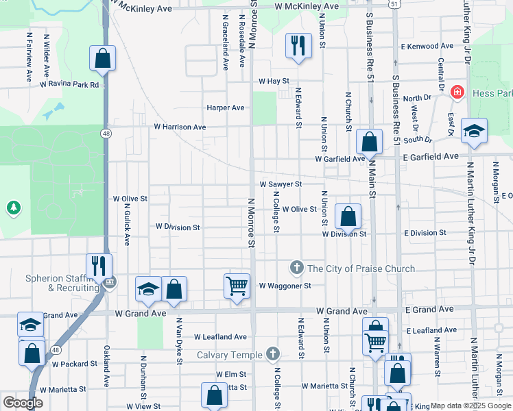 map of restaurants, bars, coffee shops, grocery stores, and more near 501-599 W Olive St in Decatur