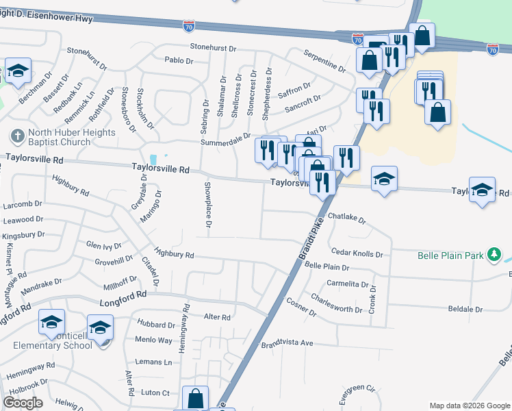 map of restaurants, bars, coffee shops, grocery stores, and more near 7401 San Fernando Road in Dayton