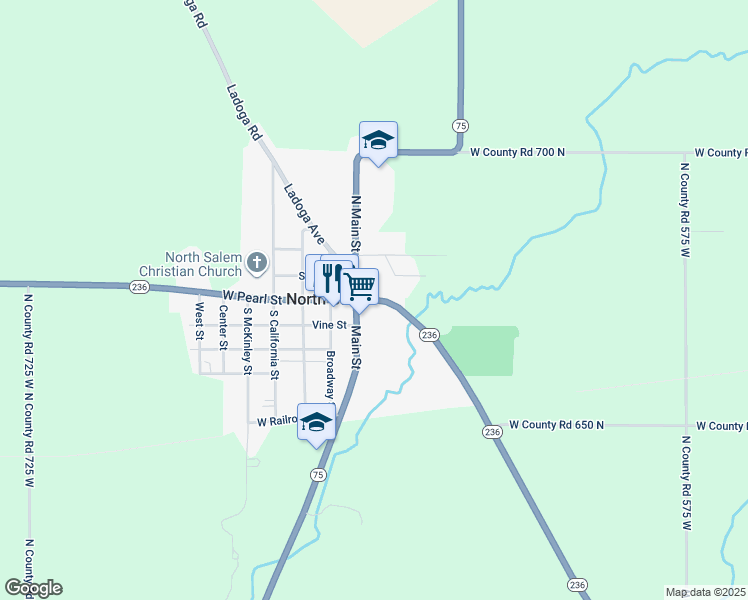 map of restaurants, bars, coffee shops, grocery stores, and more near Indiana 236 in North Salem
