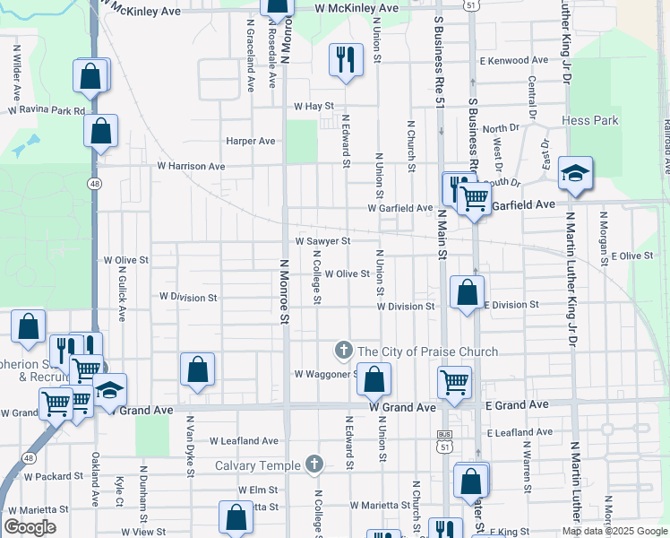 map of restaurants, bars, coffee shops, grocery stores, and more near 426 West Olive Street in Decatur