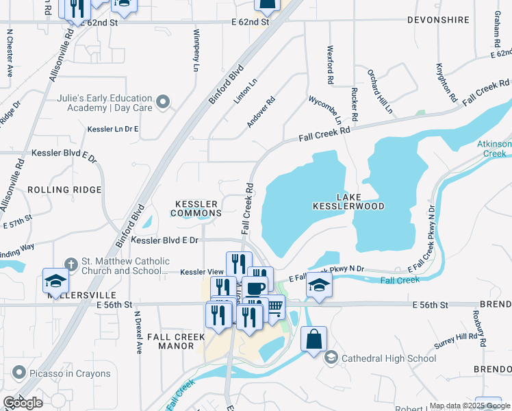 map of restaurants, bars, coffee shops, grocery stores, and more near 5653 Kessler Boulevard East Drive in Indianapolis