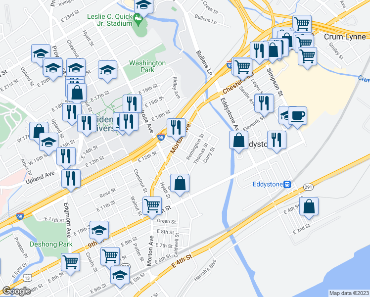 map of restaurants, bars, coffee shops, grocery stores, and more near 1102 White Street in Chester
