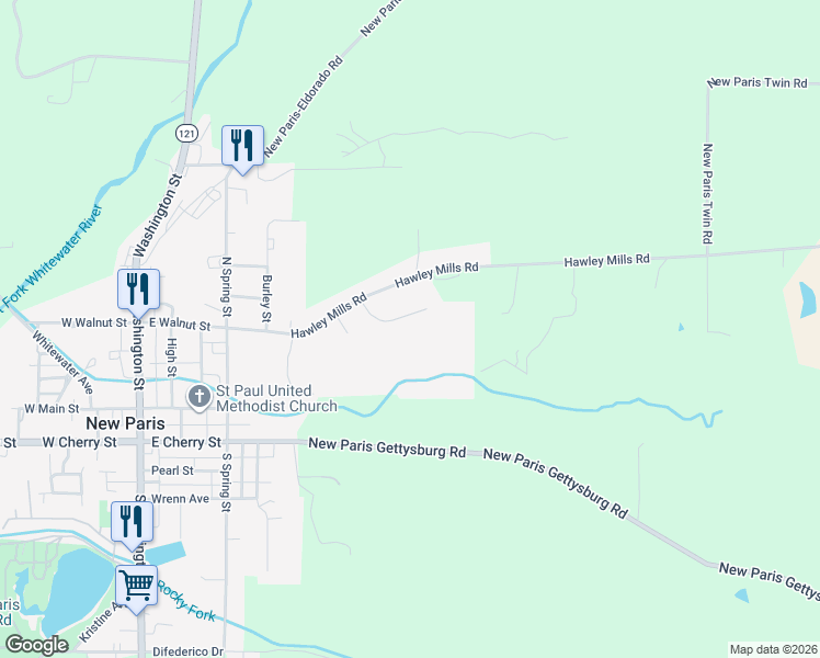 map of restaurants, bars, coffee shops, grocery stores, and more near 121 Ridgeview in New Paris