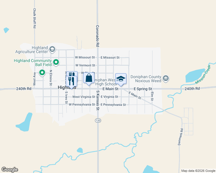map of restaurants, bars, coffee shops, grocery stores, and more near 201 East Main Street in Highland