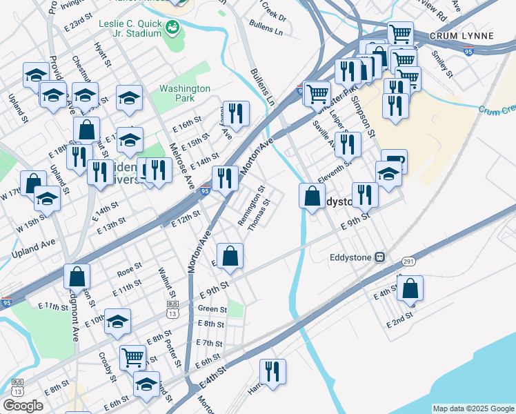 map of restaurants, bars, coffee shops, grocery stores, and more near 1124 Thomas Street in Chester