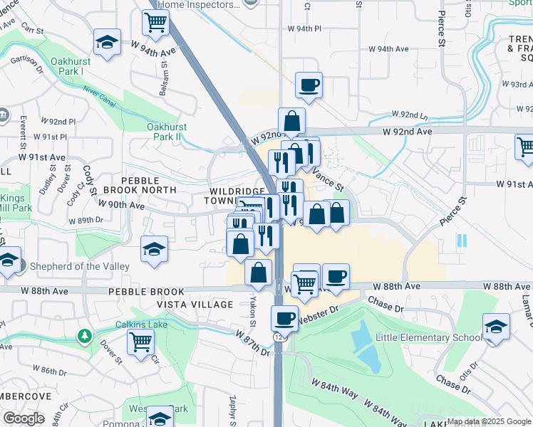 map of restaurants, bars, coffee shops, grocery stores, and more near 9000 Yukon Street in Westminster
