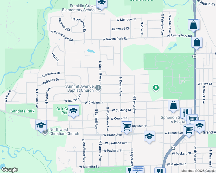 map of restaurants, bars, coffee shops, grocery stores, and more near 1725 West Olive Street in Decatur