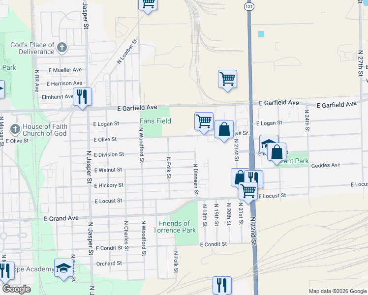 map of restaurants, bars, coffee shops, grocery stores, and more near 1701-1799 East Division Street in Decatur