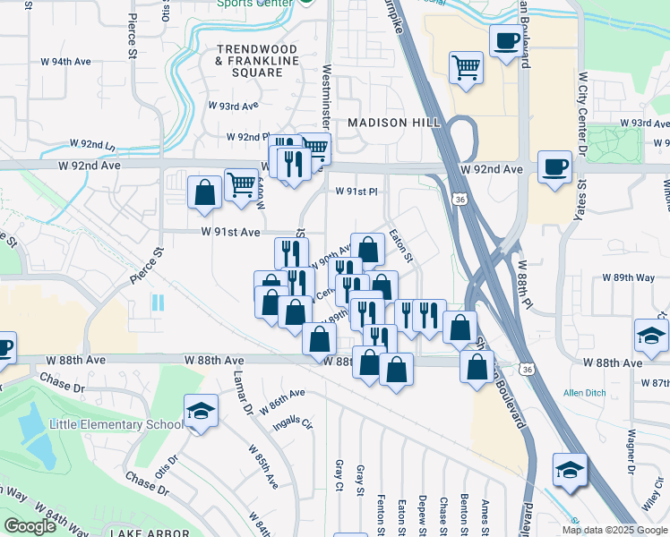 map of restaurants, bars, coffee shops, grocery stores, and more near 8980 Westminster Boulevard in Westminster