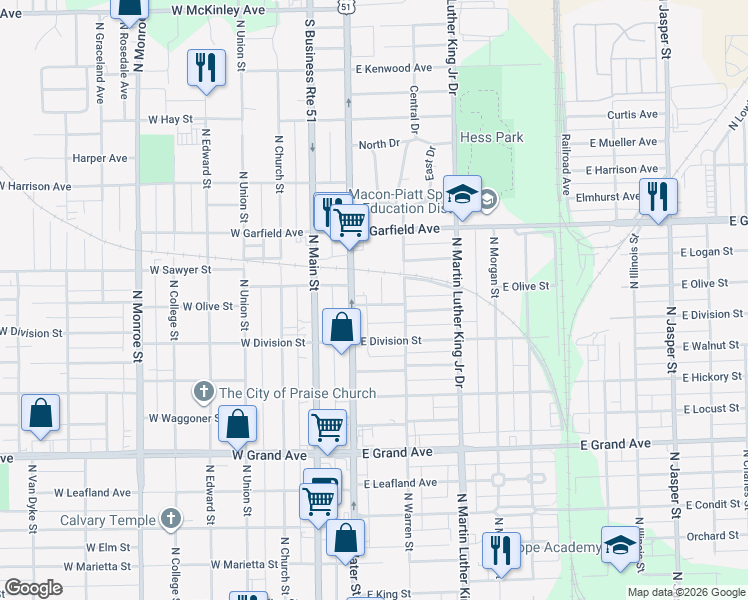 map of restaurants, bars, coffee shops, grocery stores, and more near 285 East Olive Street in Decatur