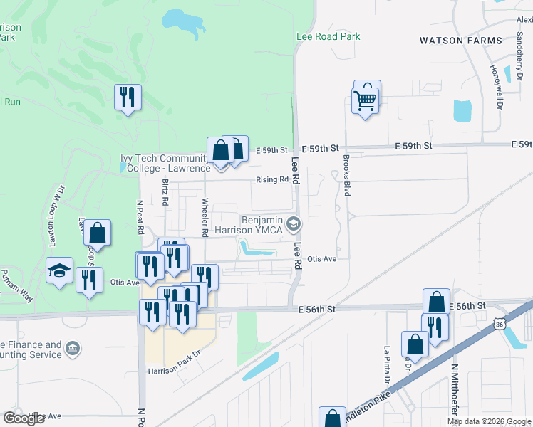 map of restaurants, bars, coffee shops, grocery stores, and more near 9115 Hawkins Road in Indianapolis