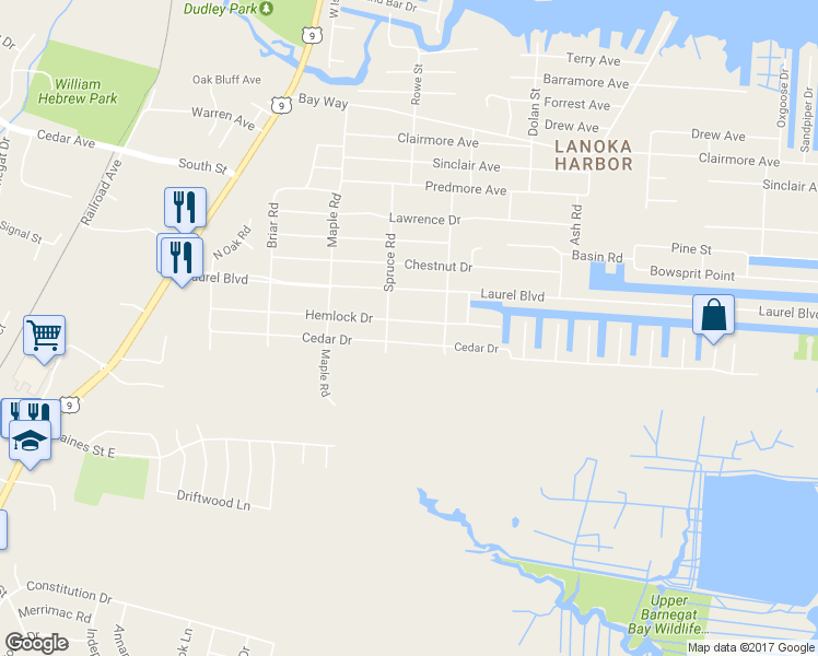 map of restaurants, bars, coffee shops, grocery stores, and more near 307 Hemlock Drive in Lacey Township