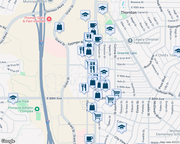 map of restaurants, bars, coffee shops, grocery stores, and more near 624 Russell Boulevard in Thornton