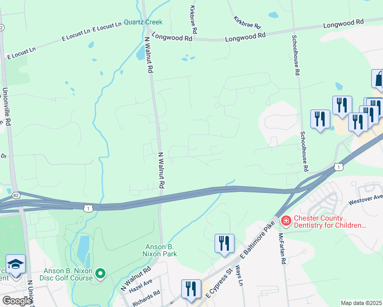 map of restaurants, bars, coffee shops, grocery stores, and more near 100 Ithan Court in Kennett Square