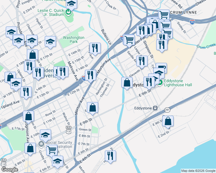 map of restaurants, bars, coffee shops, grocery stores, and more near 1108 Thomas Street in Chester
