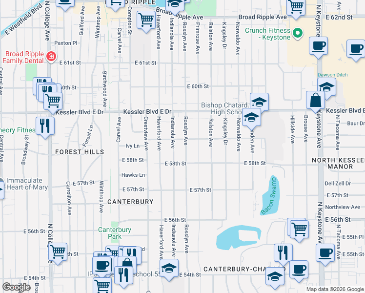 map of restaurants, bars, coffee shops, grocery stores, and more near 5814 Rosslyn Avenue in Indianapolis