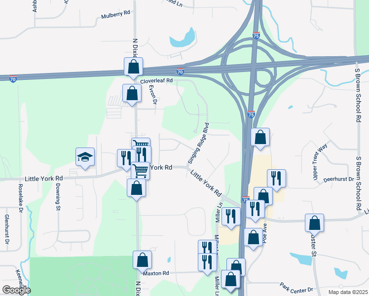 map of restaurants, bars, coffee shops, grocery stores, and more near 3774 Whisper Creek Drive in Dayton