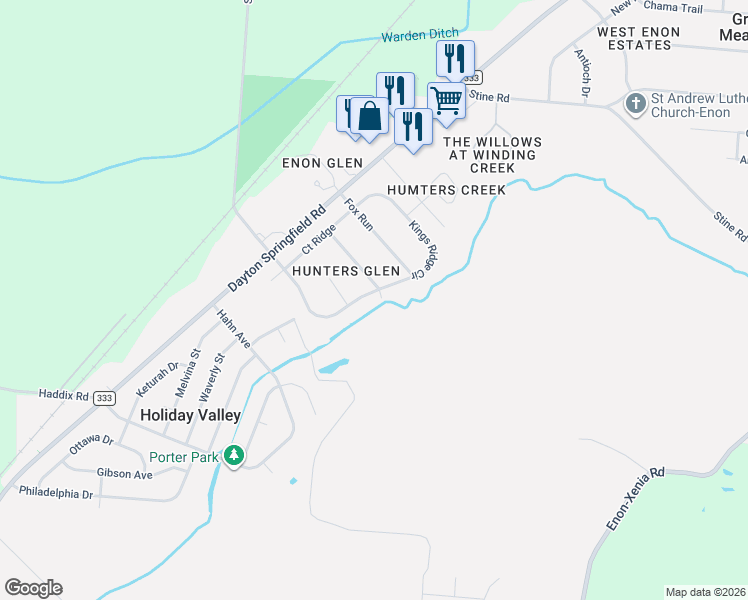 map of restaurants, bars, coffee shops, grocery stores, and more near 7873 Kings Ridge Circle in Fairborn