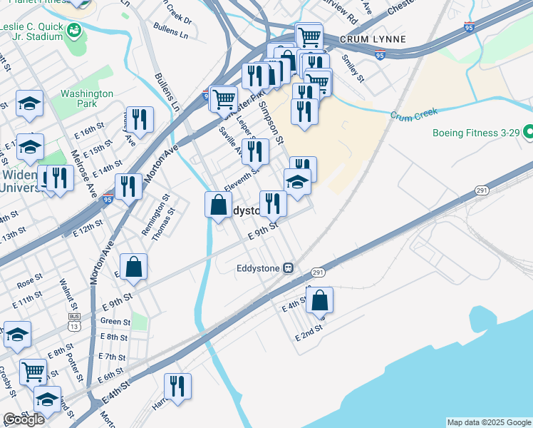 map of restaurants, bars, coffee shops, grocery stores, and more near 916 Saville Avenue in Eddystone