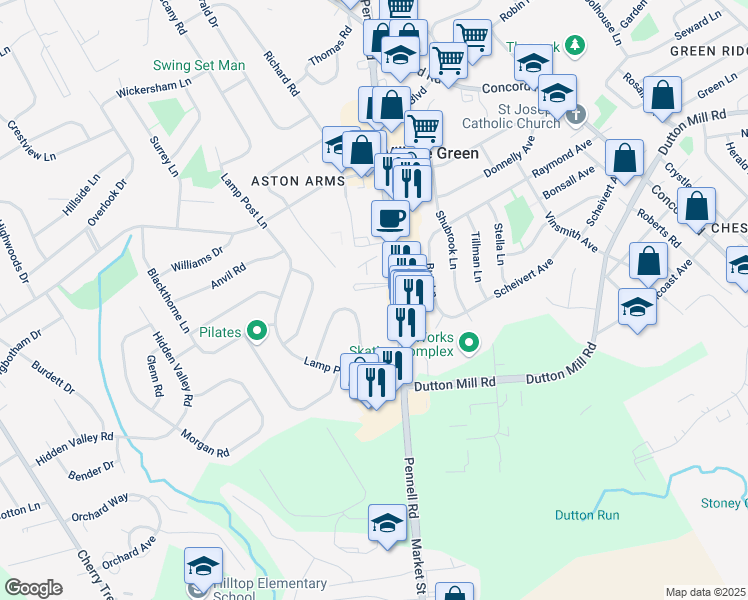 map of restaurants, bars, coffee shops, grocery stores, and more near 4701 Pennell Road in Aston