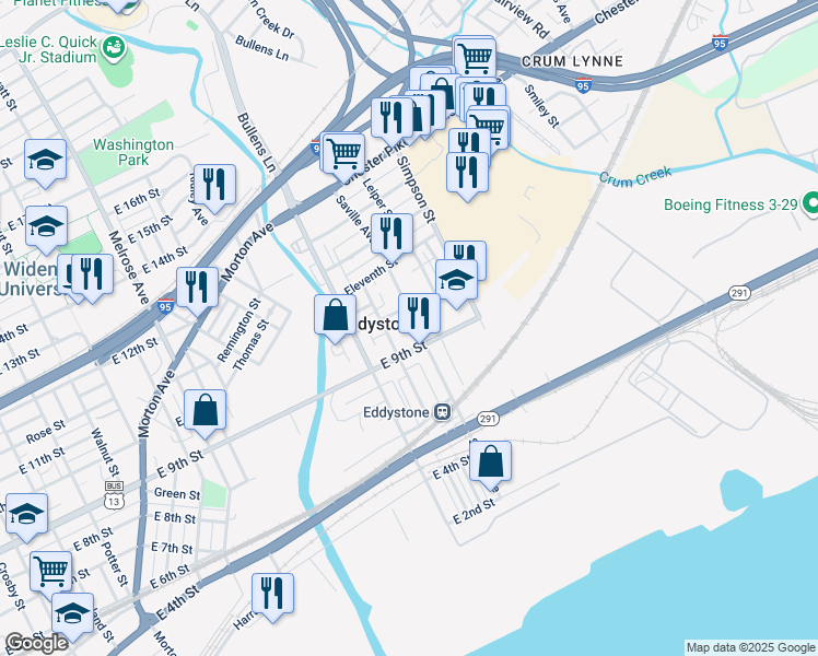 map of restaurants, bars, coffee shops, grocery stores, and more near 916 Saville Avenue in Eddystone