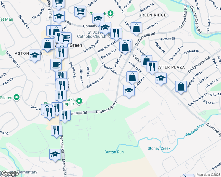 map of restaurants, bars, coffee shops, grocery stores, and more near 5 Joann Drive in Aston