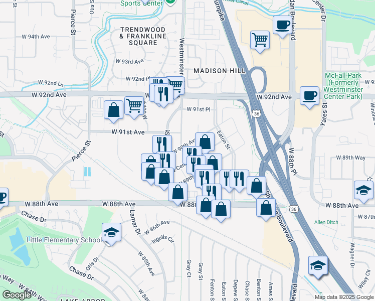 map of restaurants, bars, coffee shops, grocery stores, and more near 5874 West Central Avenue in Westminster